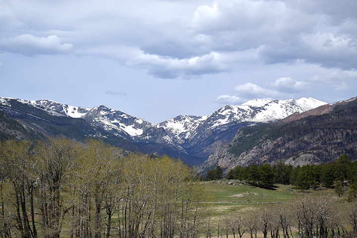 Snow covered mountains in the distance.