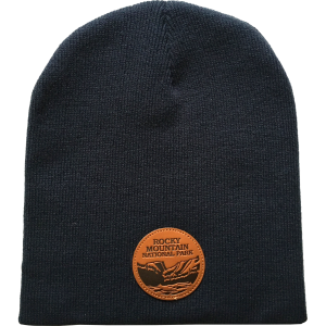 A black Hat - Beanie RMNP Dream Lake with a leather patch on it.