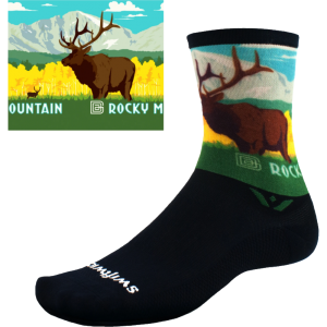 A black Socks - RMNP Elk with an image of an elk and a mountain.