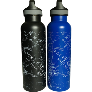 A blue and black Water Bottle - RMNP Stainless Steel Map.