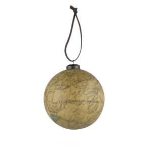 An ornament named "Ornament - RMNP Map," featuring a globe-shaped design with a map of Rocky Mountain National Park, is hanging from a brown string.