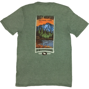A green T-shirt with an image of T-Shirt – RMNP Longs Peak Sunset.