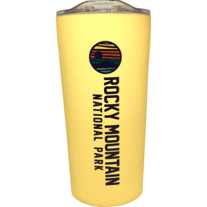 A yellow Insulated Tumbler - Sunglow with the words rocky national mountain park on it.