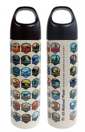 Two Water Bottles - 63 National Parks Stainless Steel with different designs on them.