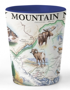 A shot glass with a map of the rocky mountain national park.