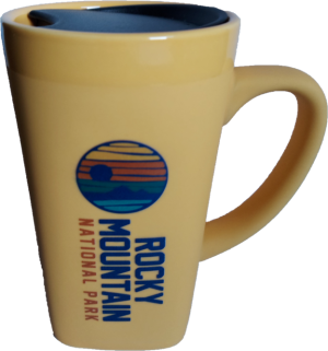 A Insulated Mug - RMNP Sunglow with the logo of rocky mountain national park.