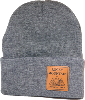 A gray Hat - Beanie RMNP Tri-Peak with a patch that says rocky mountain.