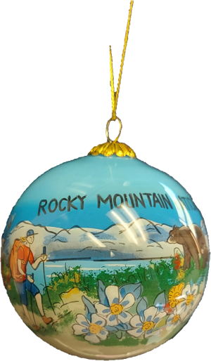 A glass ornament with the words Rocky Mountain National Park Mountain Scene on it.