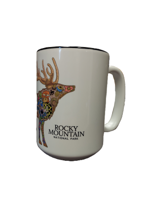 White mug showcasing a vibrant geometric elk collage design with the text "Rocky Mountain National Park.