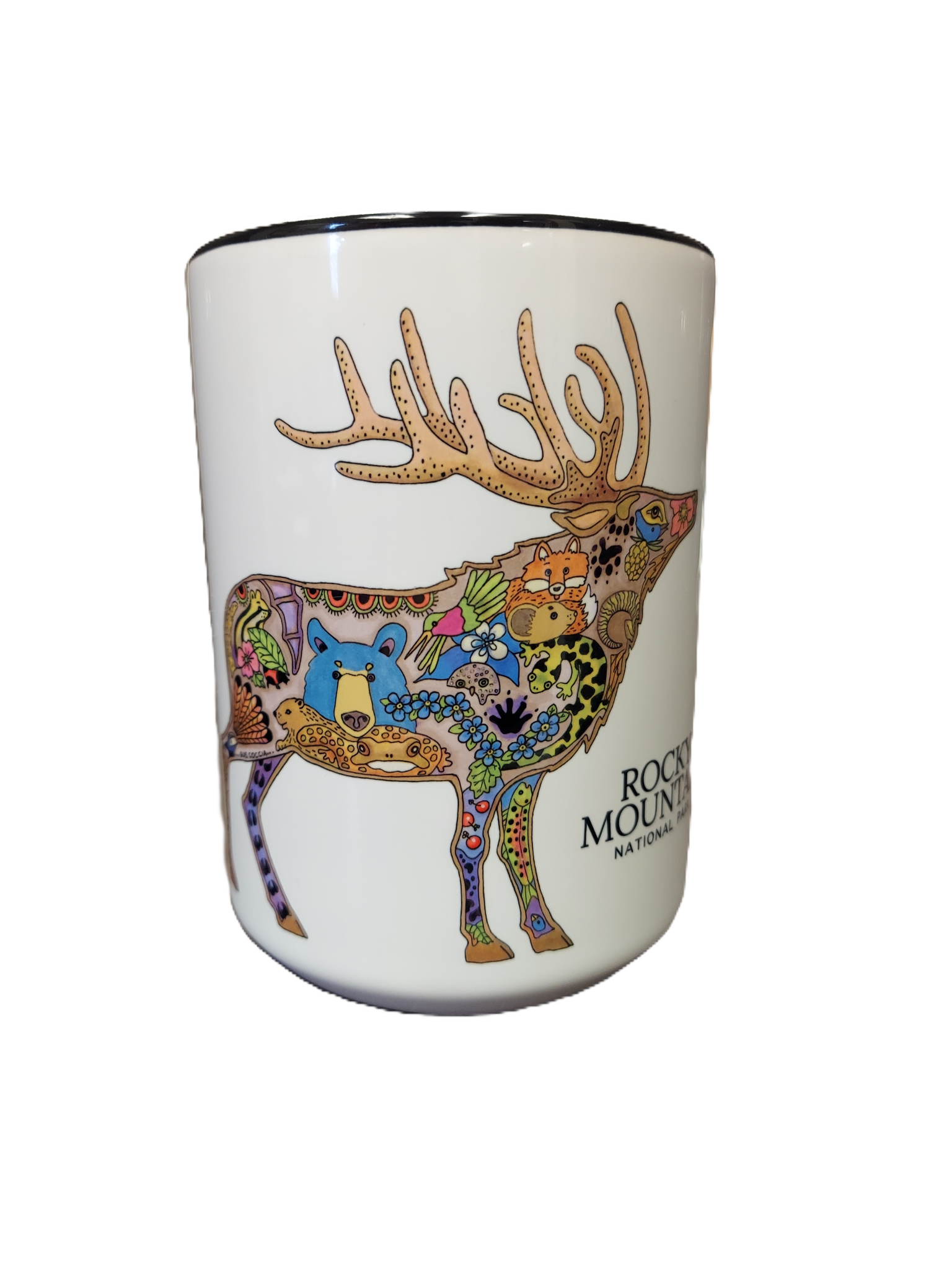 A white mug featuring a colorful and intricate elk collage design, labeled "Mug - RMNP Elk Collage," with the text "Rocky Mountain National Park" on the side.