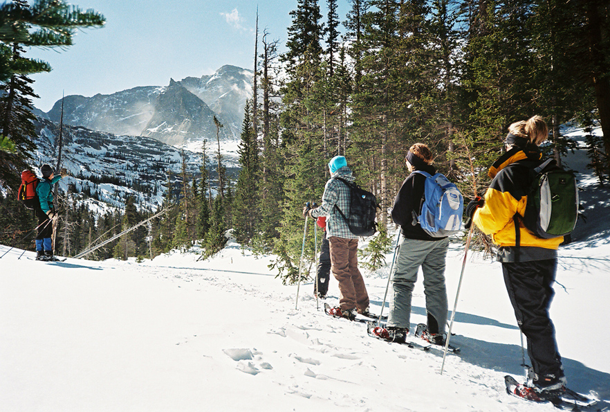 A group of people on skis on a snowy trail.