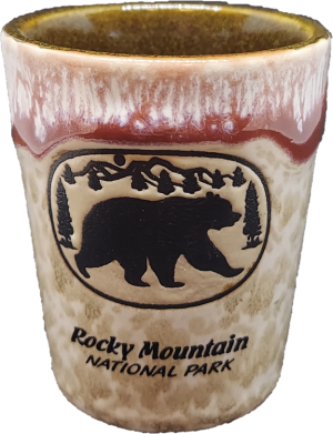 Rocky Mountain National Park Shot Glass - RMNP Two Tone Bear Scene.