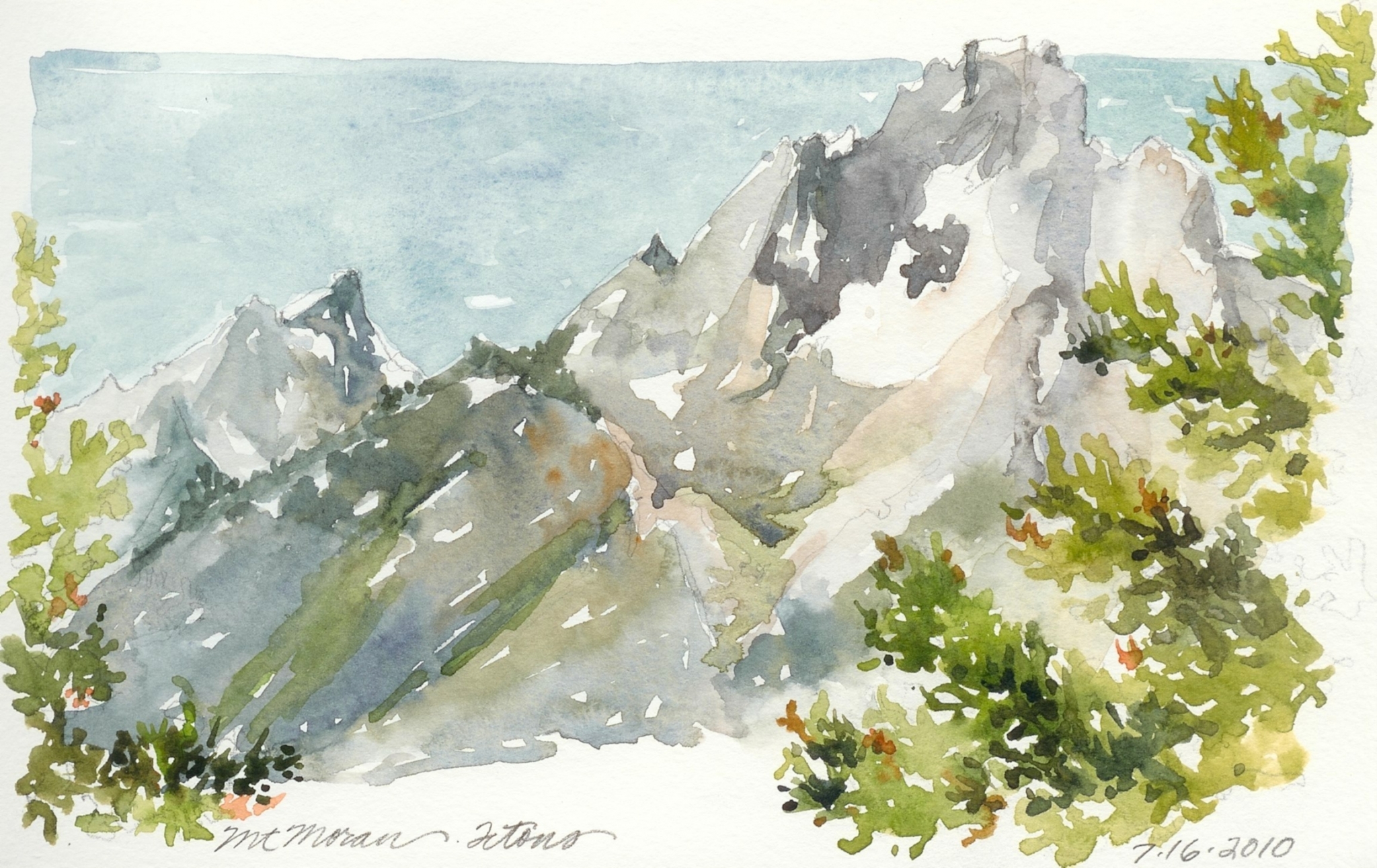 A watercolor painting of a mountain range.