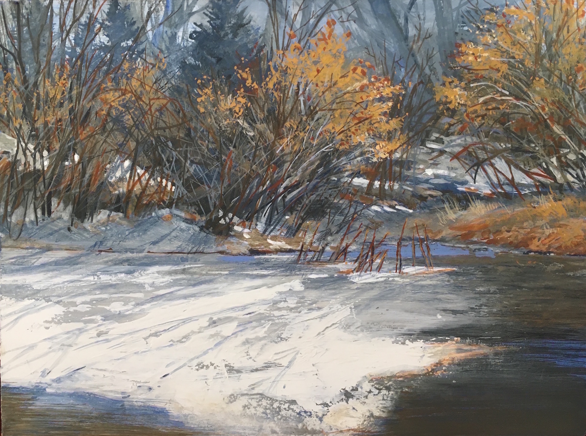 A painting of a river with snow on it.