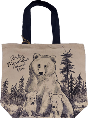 A tote bag with two black bears and their cubs.