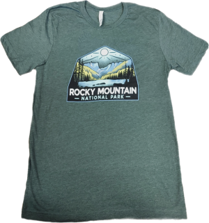 A green T-Shirt - RMNP Park View that says rocky mountain.