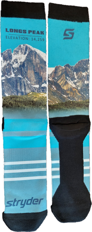 A pair of RMNP Longs Peak Picture socks.