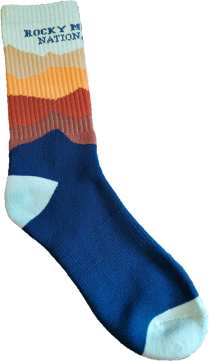 A pair of RMNP Tan Gradient socks with a blue, orange, and yellow design.