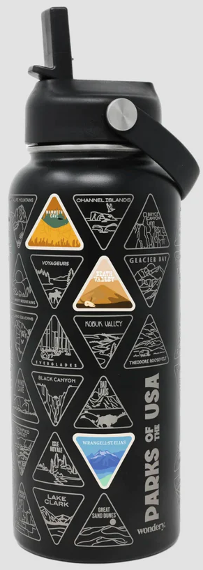 A black National Park Bucket List Bottle with different designs on it.