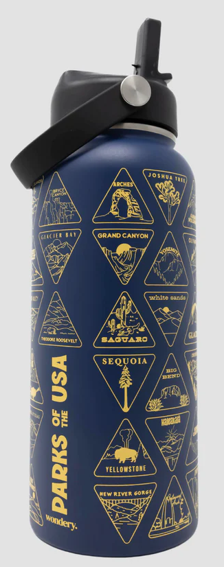 A blue and gold National Park Bucket List water bottle with a black handle.