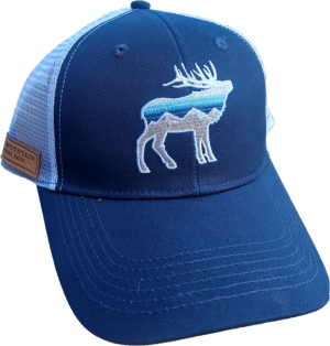 A blue trucker hat with an RMNP Embroidered Elk on it.