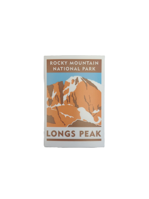 The Sticker - RMNP Travel Sticker Longs Peak showcases a stylized illustration of Longs Peak in Rocky Mountain National Park with text labels.