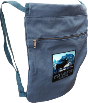 A blue Mountain Elk Drawstring Backpack.