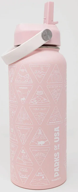 A pink Water Bottle - National Park Bucket List Bottle with a lid and handle.