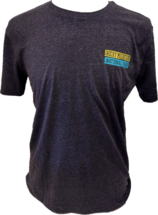 A black T-shirt with a yellow and blue RMNP Scribble Elk logo.