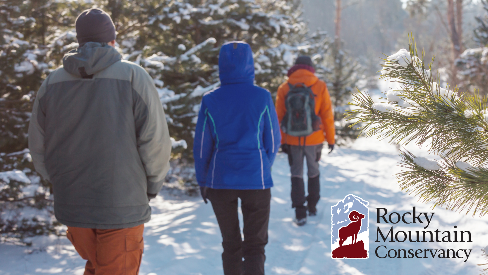 Rocky mountain cc logo with people walking in the snow.