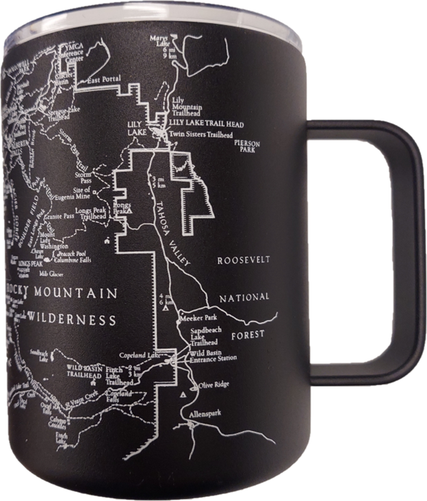 A black Insulated Tumbler with a map of the yosemite wilderness.