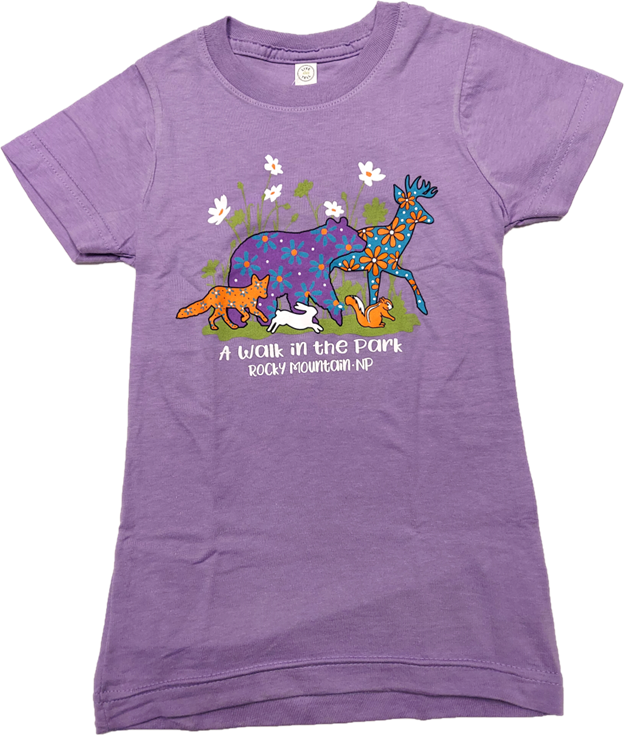 A purple T-shirt - Kids RMNP Walk in the Park with giraffes and flowers on it.