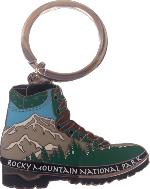 Key chain - RMNP Hiking Boot featuring a design of Rocky Mountain National Park.