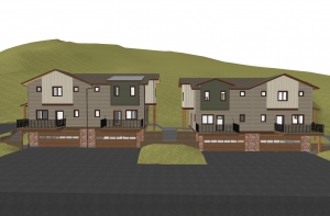 Architectural rendering of a twin duplex residential building on a sloped terrain using Housing Payment.