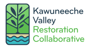 Logo of kawuneeche valley restoration collaborative, featuring stylized tree and river graphics within a mobile phone outline, next to green and blue text.