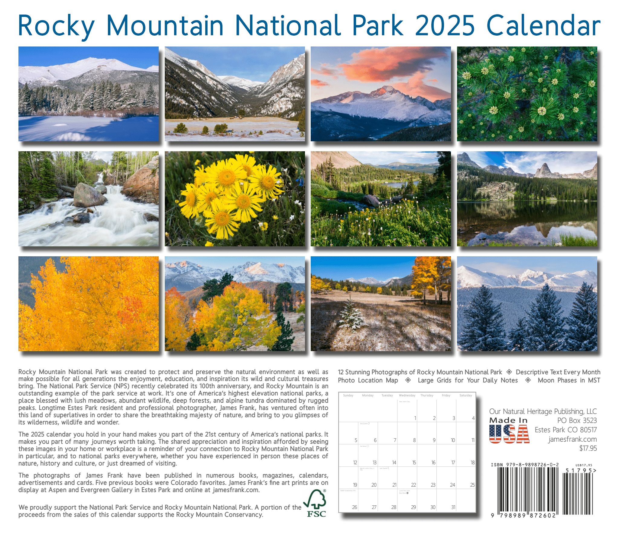 2025 James Frank Scenic RMNP Calendar featuring 12 scenic photographs of Rocky Mountain National Park. Each month showcases a different landscape. Produced by National Heritage Publishing. Printed in the USA.