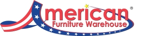 Logo of American Furniture Warehouse with "American" in red letters, a flag-themed swoosh, and "Furniture Warehouse" written below in red. A yellow star arcs over the text.