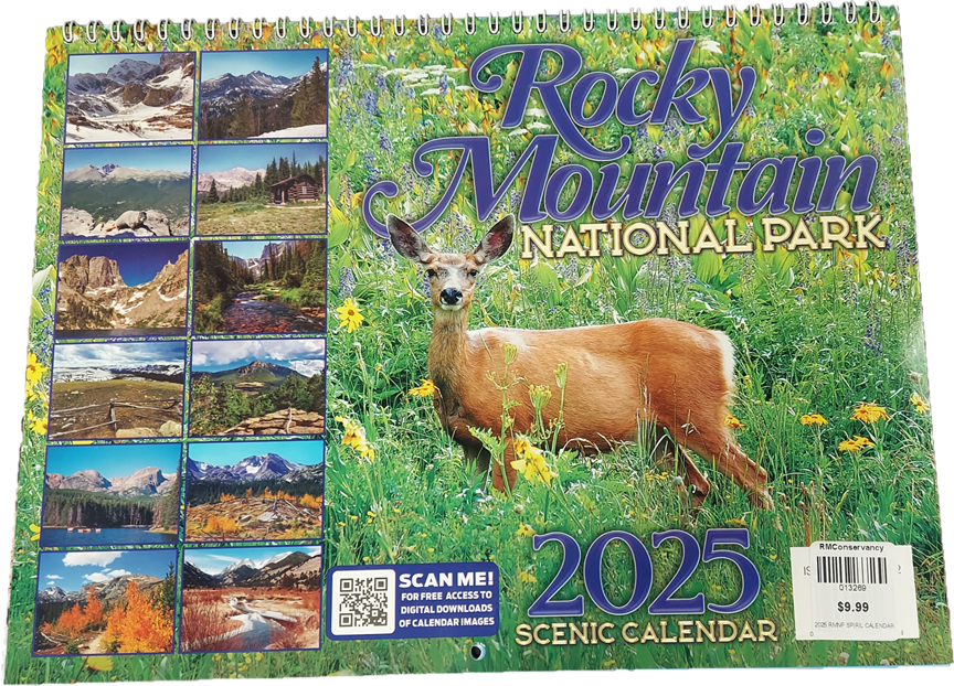 A 2025 Scenic RMNP Calendar featuring a deer in a meadow with wildflowers on the cover. The left side displays thumbnail images of various landscapes. Price: $9.99.