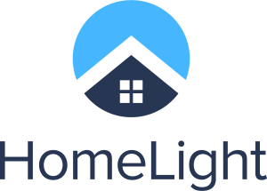 Logo for HomeLight featuring a stylized house with a blue roof and window inside a blue circle above the text "HomeLight.
