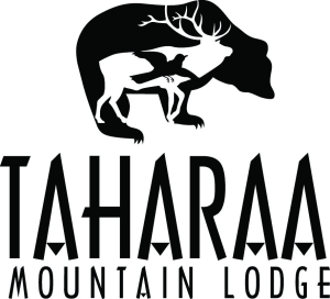 Logo of Taharaa Mountain Lodge featuring a bear and two deer, one of which is a fawn, integrated within the silhouette of the bear. The text "Taharaa Mountain Lodge" is displayed below the graphic.