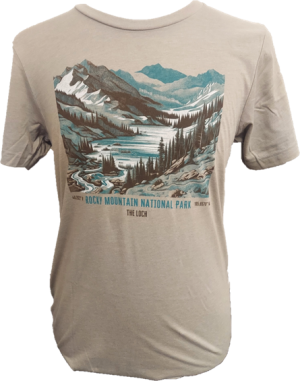 A beige T-Shirt - RMNP The Loch Vale with an illustration of a mountain landscape and the words "Rocky Mountain National Park - The Loch" printed on the front.