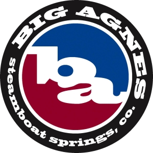 The image is a circular logo for Big Agnes, Steamboat Springs, CO, featuring a red, white, and blue color scheme with "ba" in the center.