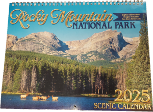 Cover of the "2025 Scenic RMNP Calendar" featuring Rocky Mountain National Park. The image depicts a mountain landscape, forest, and a group of elk near a lake.