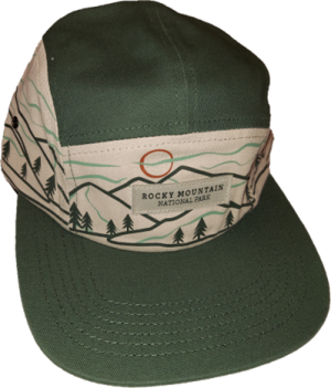 A green and beige Hat - RMNP Green Camper with a design of mountains, trees, and the text "Rocky Mountain National Park" on the front panel.