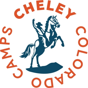 Logo for Cheley Colorado Camps featuring a silhouetted figure on a rearing horse, encircled by the text "Cheley Colorado Camps" in orange.