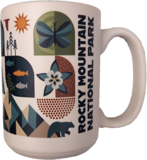 A white Mug - RMNP Mod Collage with colorful nature-themed illustrations, labeled "Rocky Mountain National Park" on the side.