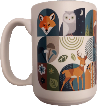 A white Mug - RMNP Mod Collage with a forest-themed design showing a fox, an owl, a deer, mushrooms, leaves, and flowers in a colorful, geometric style.