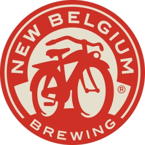The image displays the New Belgium Brewing logo, featuring a red and white circular design with a bicycle in the center and the text "New Belgium Brewing" around the edge.