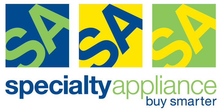 Logo of Specialty Appliance with three square tiles, each containing "SA" in different colors (blue, yellow, and green). Text below reads "specialty appliance buy smarter.