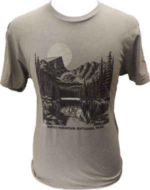 A T-Shirt - RMNP Dream Lake Drawing in gray, showcasing a black graphic of a mountain landscape with trees and a large moon labeled "Rocky Mountain National Park.